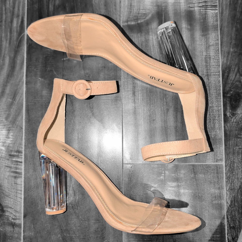 JustFab Nude Clear Block Heel Sandals with Ankle Strap